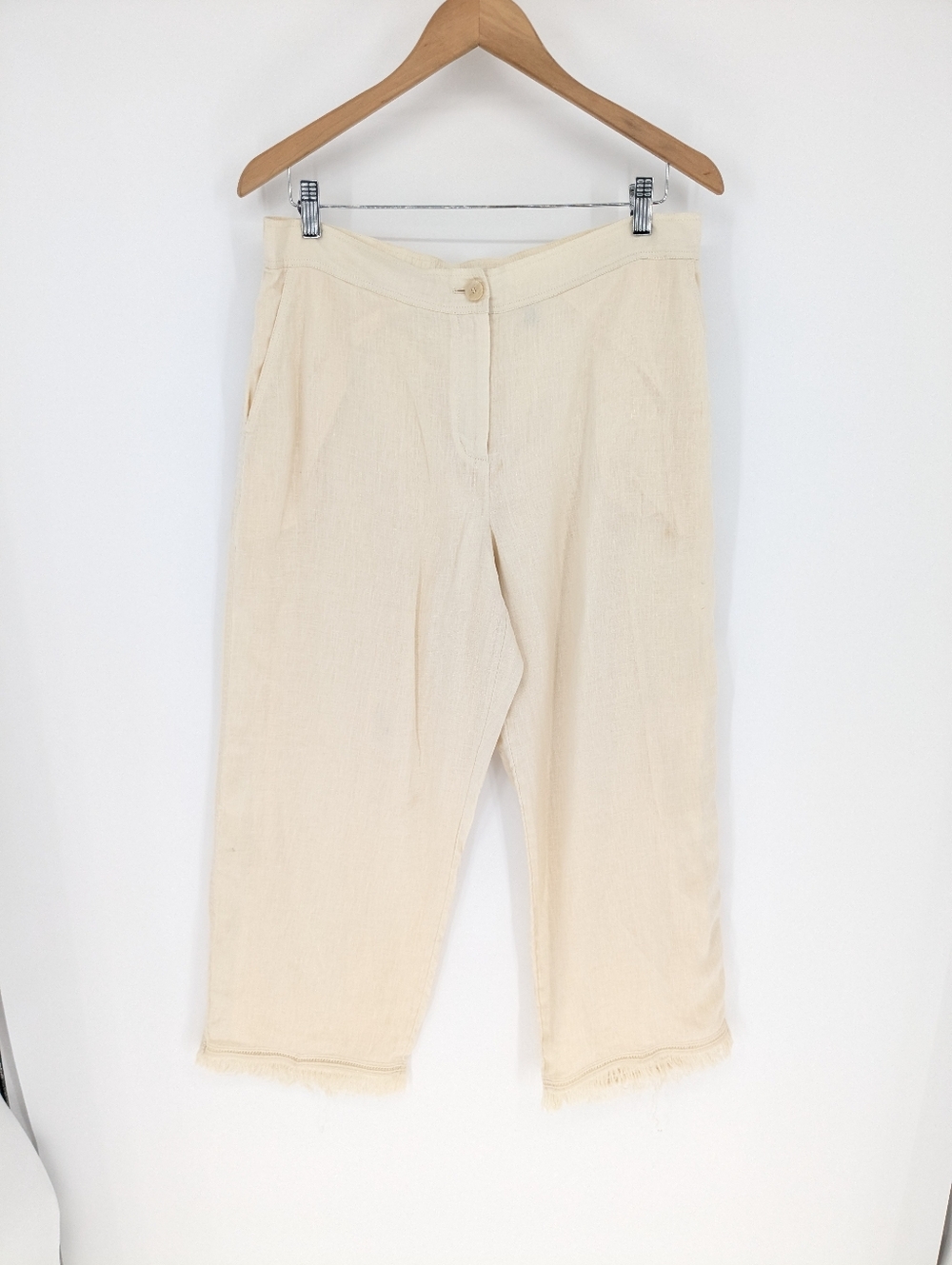 Theory 100% Linen Cropped Pants Cream Embroidered Hem Womens Size 10 FLAW